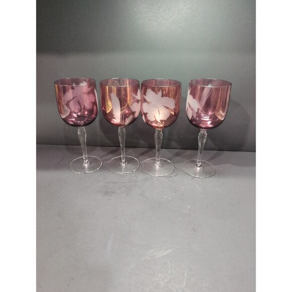 Cranberry Red Wine‎ Glasses, White Etched Flowers, Set Of 4, 7.75" H, Elegant - Picture 3 of 9